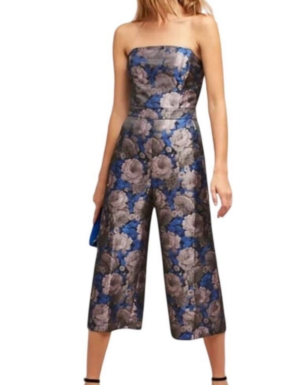 Gremlin Anthropologie Strapless Floral Brocade Jumpsuit in Blue and Gray - XS